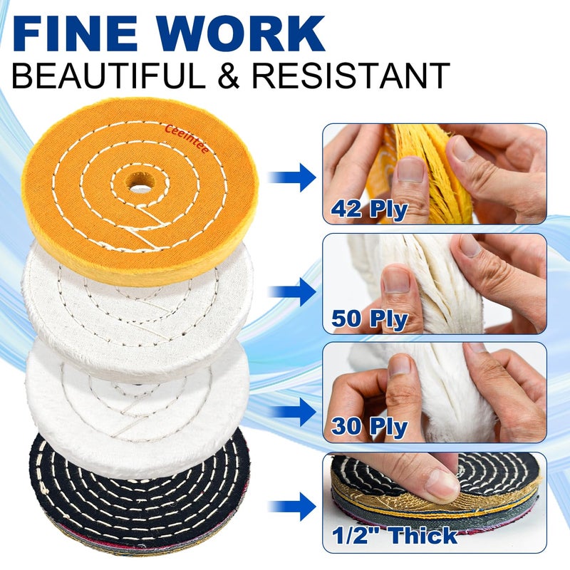 Ceeintee 10Pcs 4'' Buffing Polishing Wheel with 1/4‘’ Drill Shank， Include 1/2" Arbor Hole 2 Yellow Cotton/2 White Cotton Polish Wheels/1 Soft Flannel Buffing Wheel/1 Denim Wheel &3 Polishing Compound - Image 4